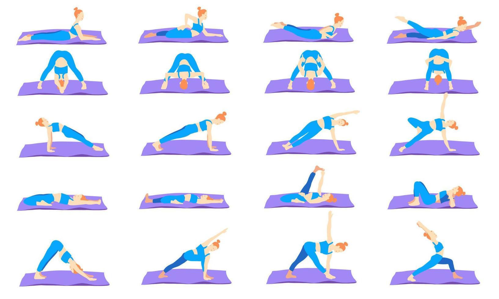 yoga poses met mat verzameling. gember Europese vrouw vrouw meisje. vector illustratie in tekenfilm vlak stijl geïsoleerd Aan wit achtergrond.