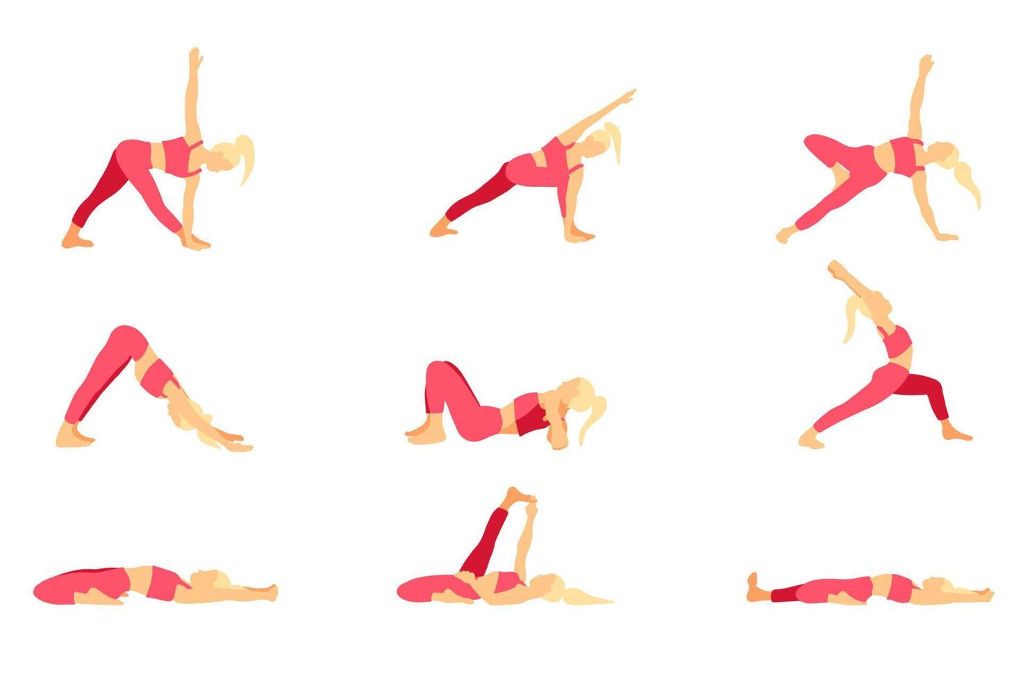 yoga poses verzameling. blond meisje in een roze trainingspak. vrouw vrouw meisje. vector illustratie in tekenfilm vlak stijl geïsoleerd Aan wit achtergrond.