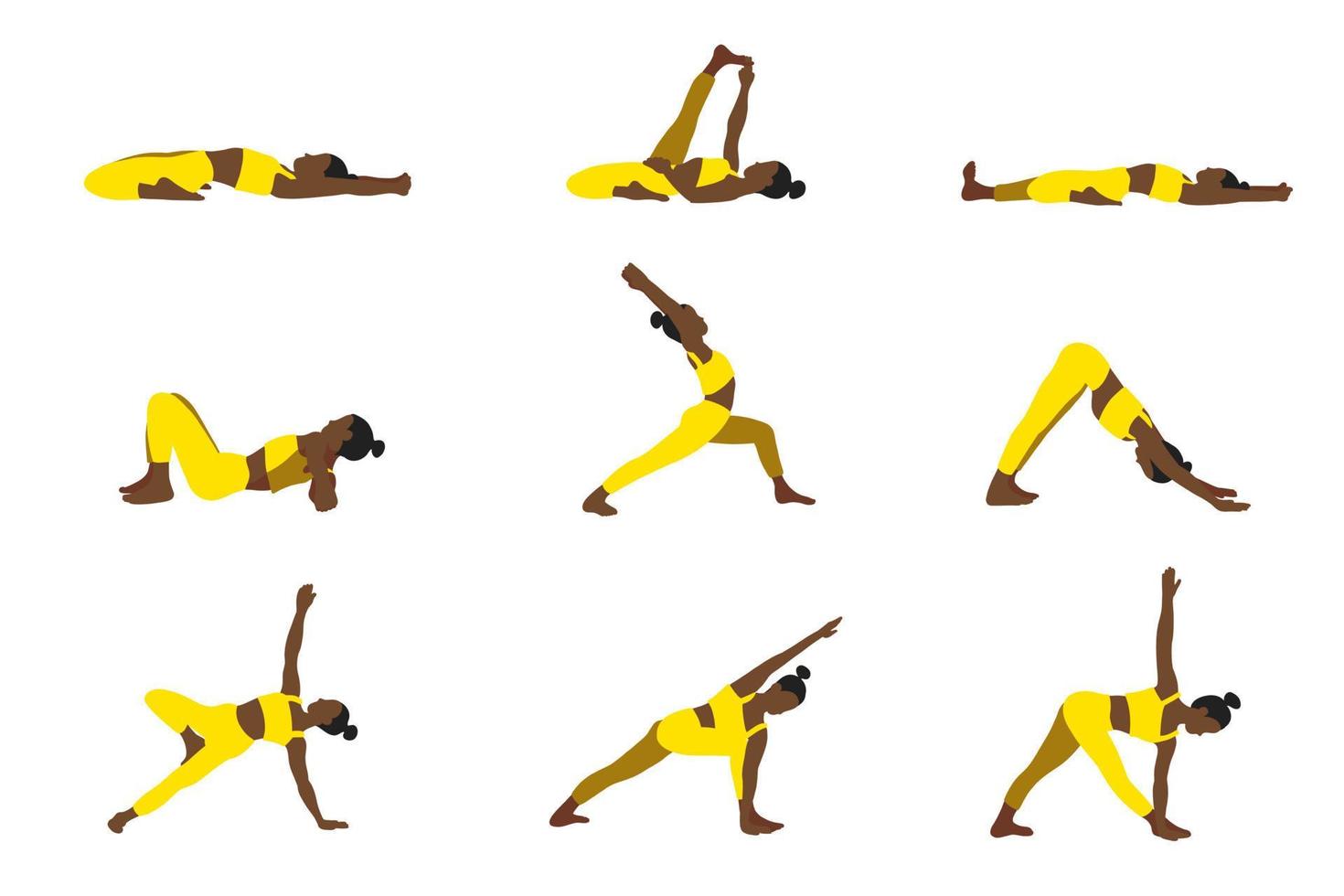 yoga poses verzameling. Afrikaanse Amerikaans. vrouw vrouw meisje. vector illustratie in tekenfilm vlak stijl geïsoleerd Aan wit achtergrond.