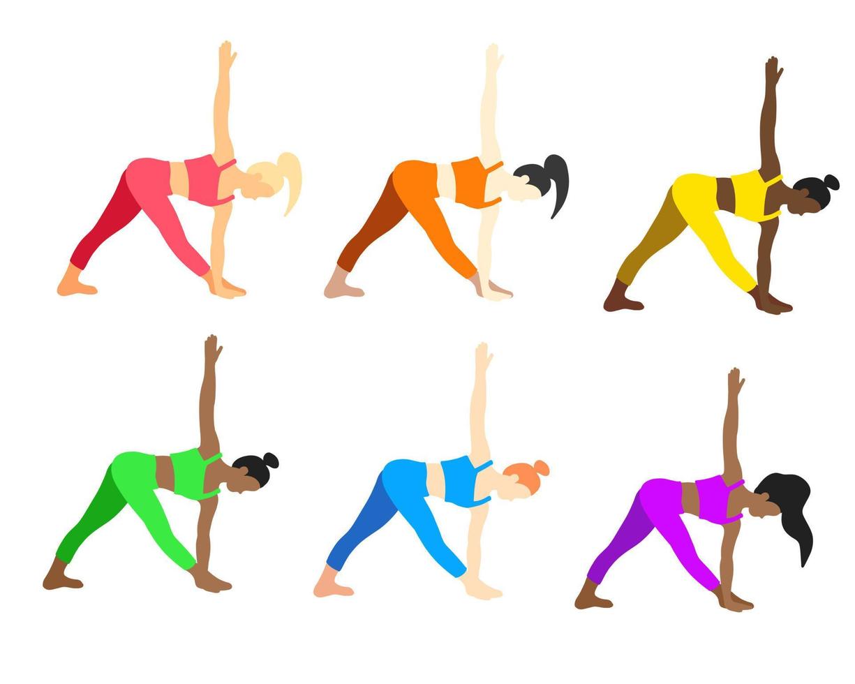 yoga poses verzameling. Europese, Afrikaanse, aziatisch. vrouw vrouw meisje. vector illustratie in tekenfilm vlak stijl geïsoleerd Aan wit achtergrond. lgbt kleuren.