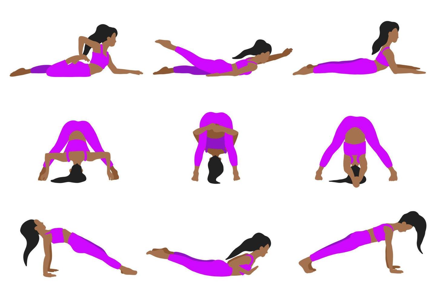 Afrikaanse Amerikaans lang haar vrouw. yoga poses reeks in tekenfilm vlak stijl. vrouw vrouw meisje. vector illustratie in tekenfilm vlak stijl geïsoleerd Aan wit achtergrond.