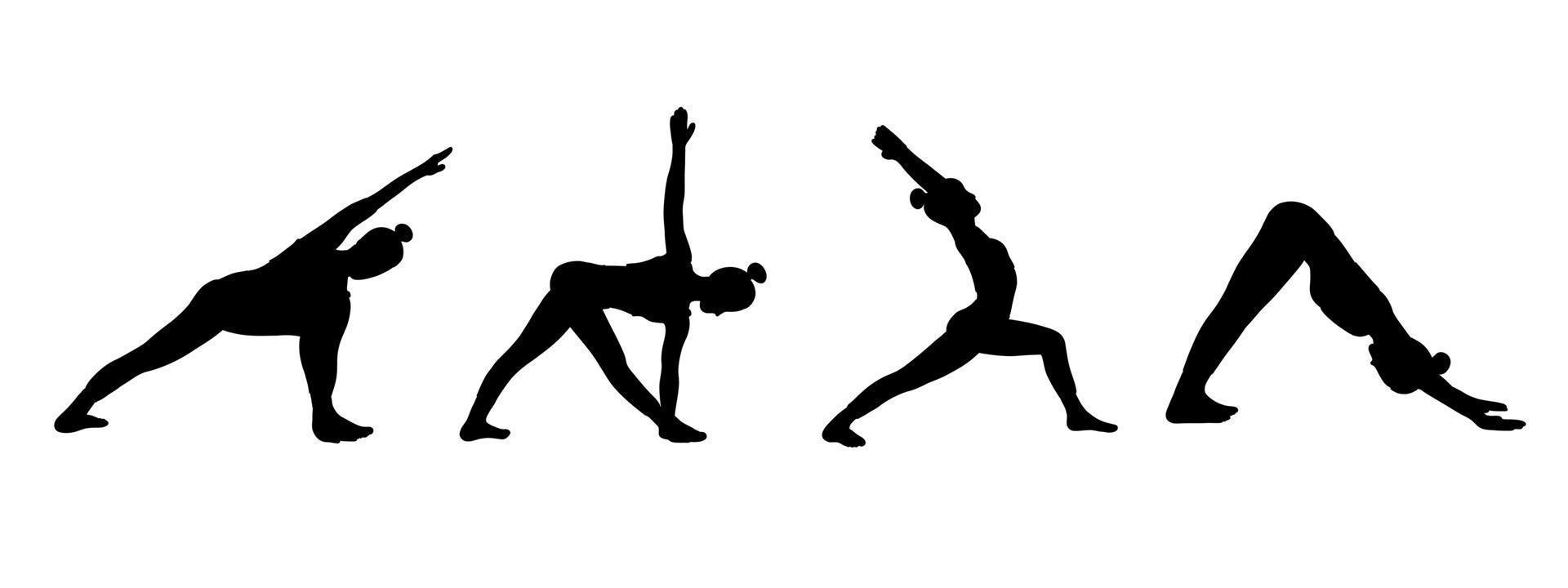 yoga poses verzameling. zwart schaduw. vrouw vrouw meisje. vector illustratie in tekenfilm vlak stijl geïsoleerd Aan wit achtergrond.