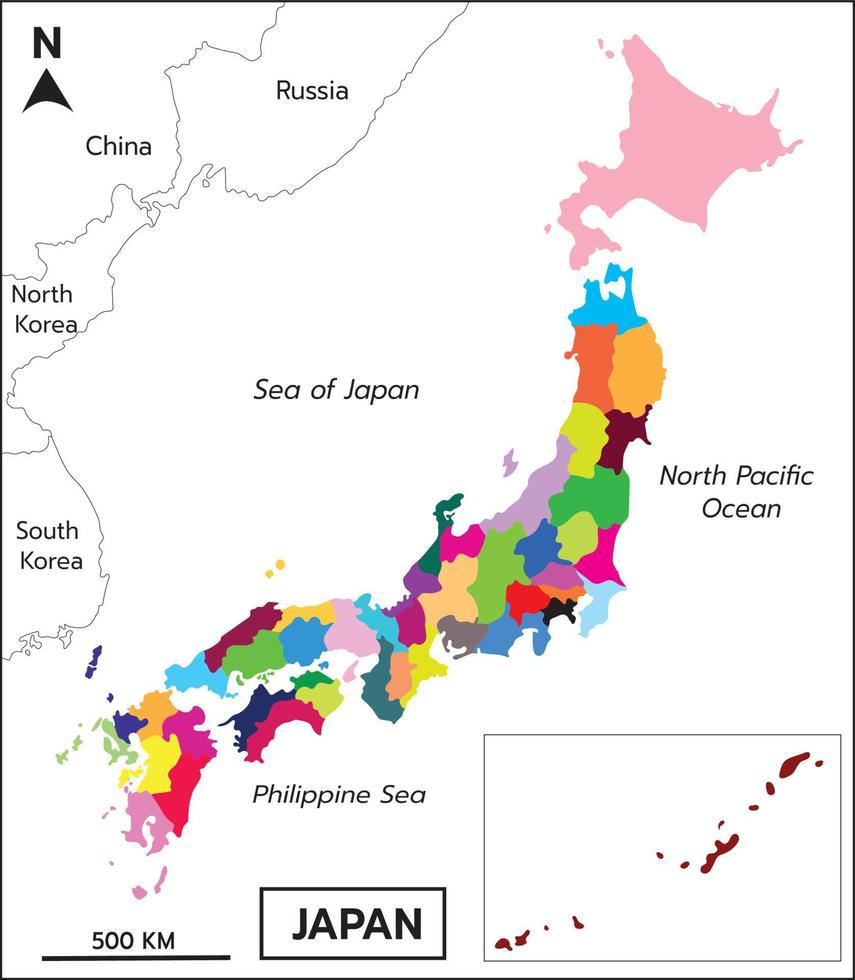 Japan prefecturen vector kaart gekleurde worden Regio's met naburig landen zee van Japan, noorden grote Oceaan oceaan, Filipijns zee, Korea, Rusland, China met Okinawa eilanden.