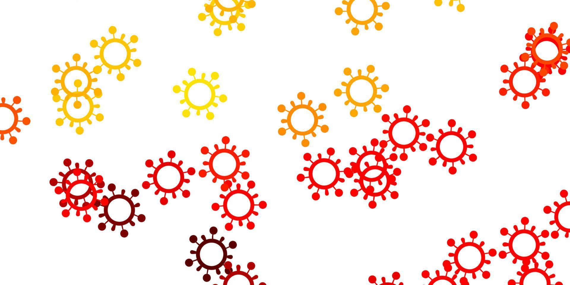 lichtrode, gele vectorachtergrond met covid-19 symbolen. vector