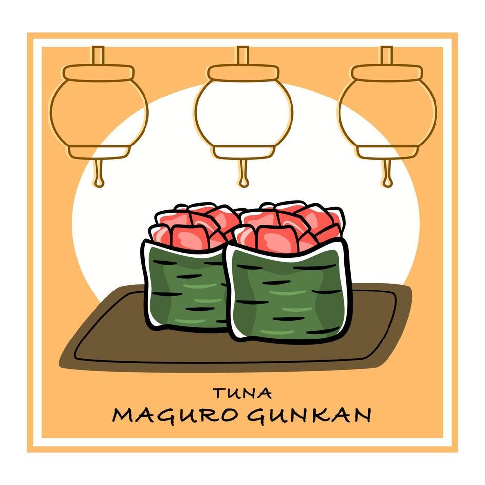 een miniset van tonijn Gunkan maki sushi. vector illustratie van Japans voedsel met belettering en authentiek achtergrond.