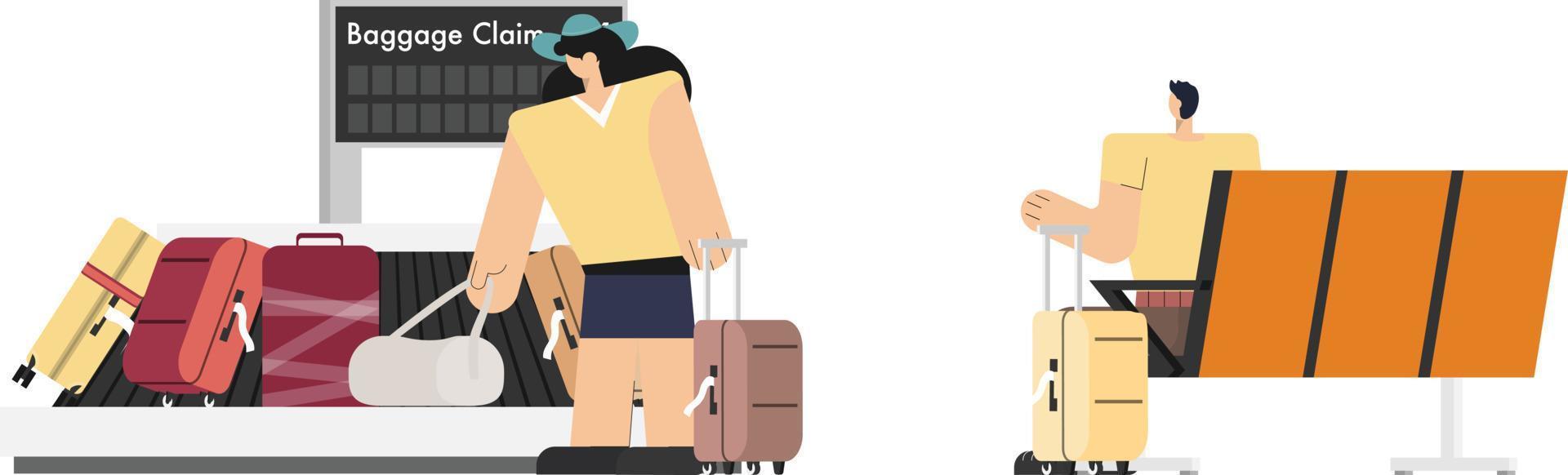 passagier aan het wachten en ontspannende Aan lounge stoel en verzamelen bagage van bagage transportband riem in luchthaven terminal vector