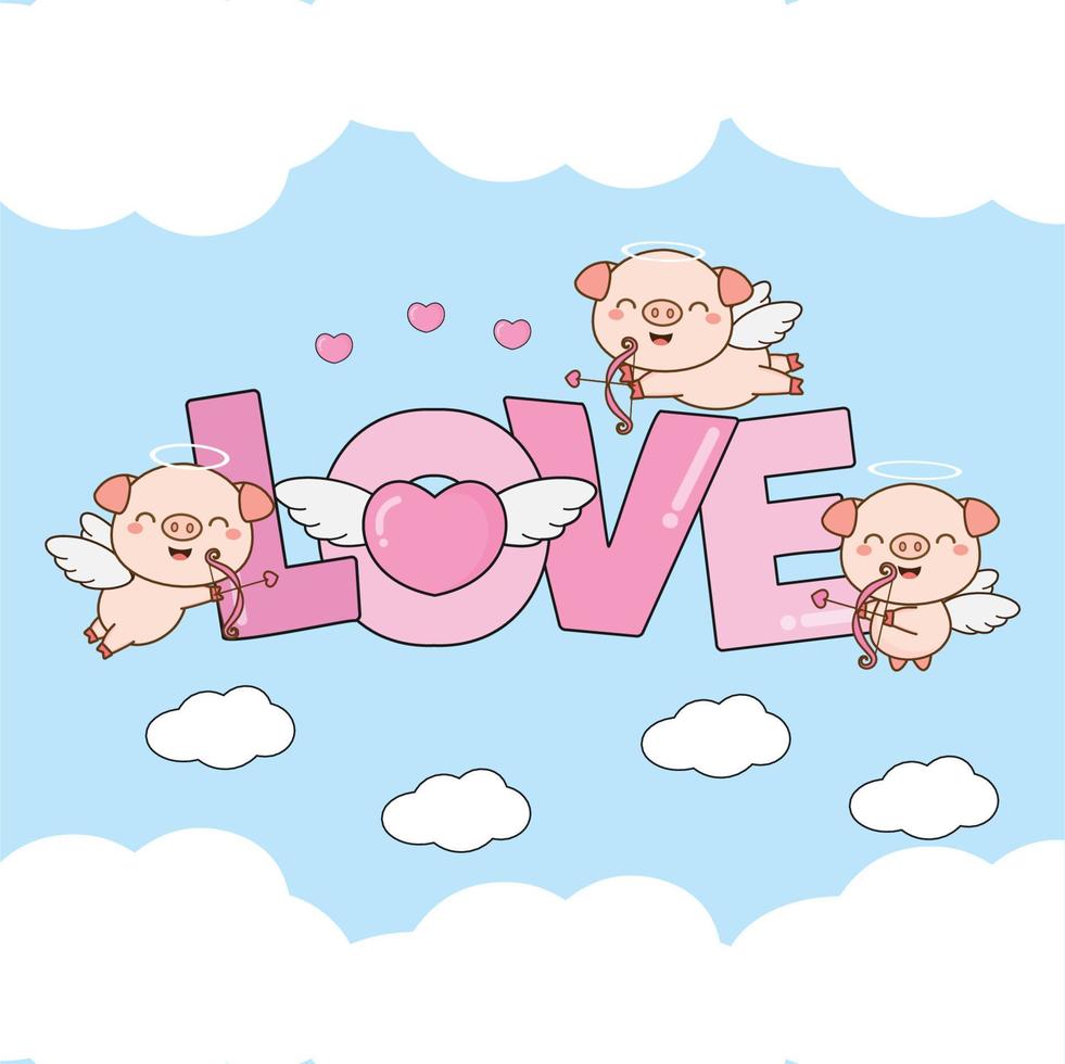 schattig varken cupido's vlieg in de wolken met hart en liefde tekst.illustratie voor valentijnsdag dag ontwerp. vector