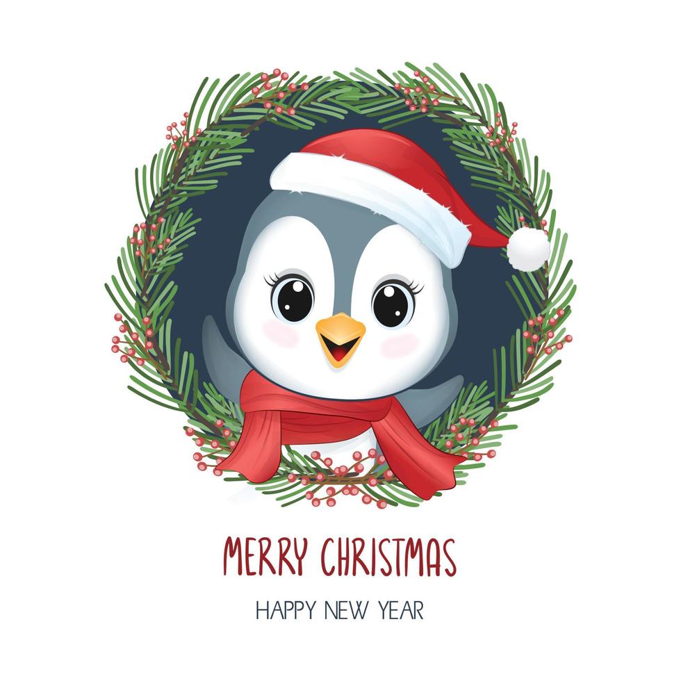 weinig pinguïn en Kerstmis lauwerkrans. Kerstmis en nieuw jaar illustratie vector