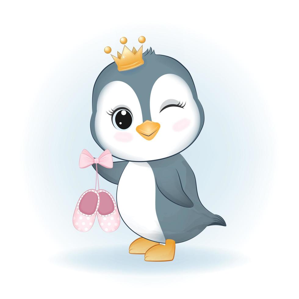 schattig weinig pinguïn Holding baby schoenen dier tekenfilm illustratie vector