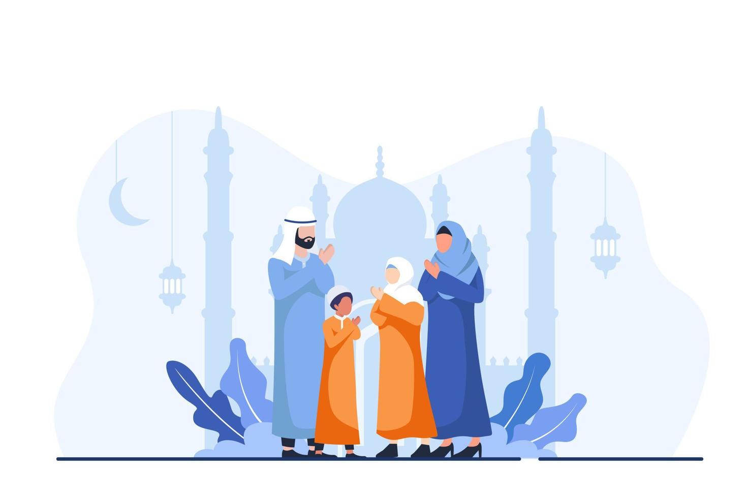 Arabisch moslim gelukkig familie vrije tijd tijd in middag of weekend. moeder vader en kinderen krijgen klaar naar bidden. geestelijk evenement in religie concept tekenfilm vlak vector illustratie