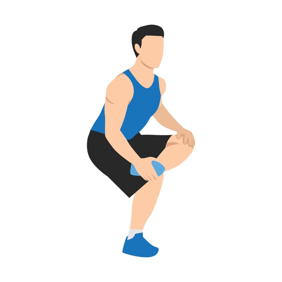 Mens uitrekken dij met staand hamstring rekken. vlak vector illustratie geïsoleerd Aan wit achtergrond