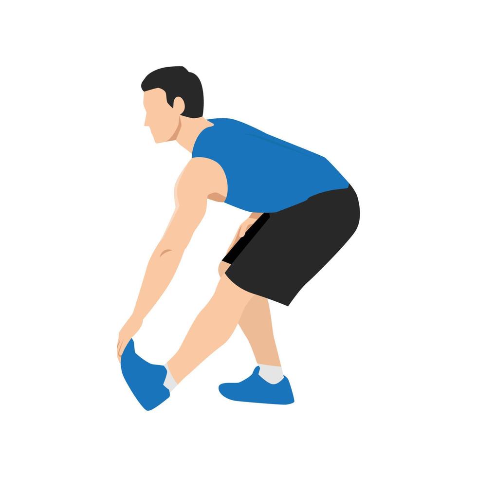 Mens aan het doen actief hamstring rekken oefening. vlak vector illustratie geïsoleerd Aan wit achtergrond