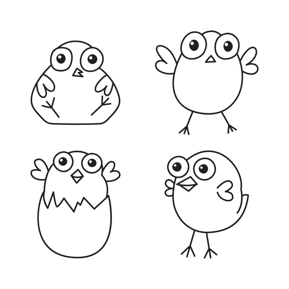 weinig kippen, en kip eieren. hand- getrokken vogelstand lijn kunst. tekening illustraties geïsoleerd Aan wit achtergrond. vector reeks van vogelstand voor Pasen, decor, uitnodiging, kaarten.