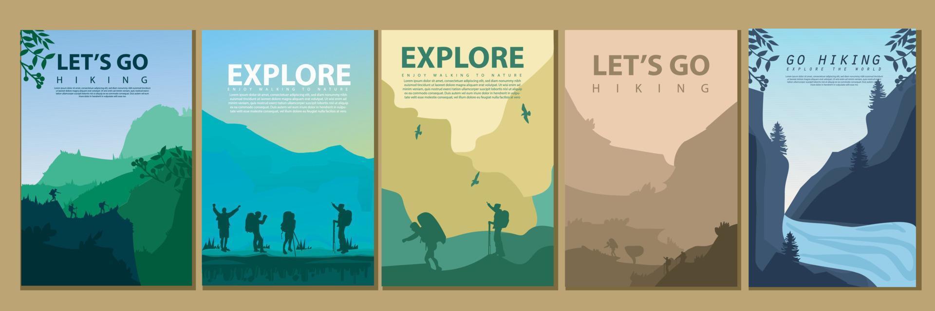 vector brochure kaarten set. reizen concept van ontdekken, verkennen en observeren natuur. hiking. avontuur toerisme. vlak ontwerp sjabloon van folder, tijdschrift, boek omslag, banier, uitnodiging, poster.