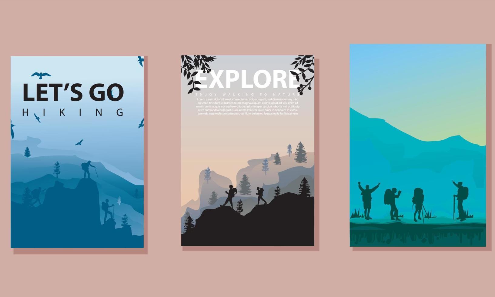 vector brochure kaarten set. reizen concept van ontdekken, verkennen en observeren natuur. hiking. avontuur toerisme. vlak ontwerp sjabloon van folder, tijdschrift, boek omslag, banier, uitnodiging, poster.