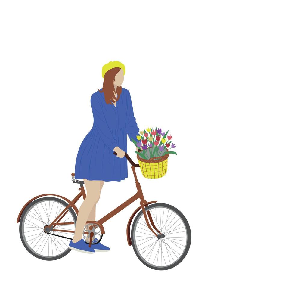 meisje met een fiets en bloemen. vector