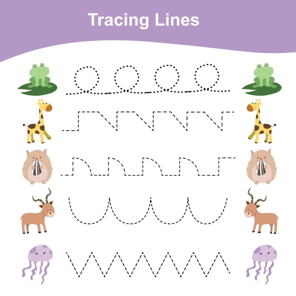 traceren lijnen spel dieren editie. leerzaam werkblad. werkblad werkzaamheid voor peuter- kinderen. peuter- onderwijs. vector illustratie.