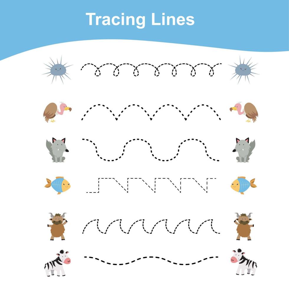 traceren lijnen spel dieren editie. leerzaam werkblad. werkblad werkzaamheid voor peuter- kinderen. peuter- onderwijs. vector illustratie.