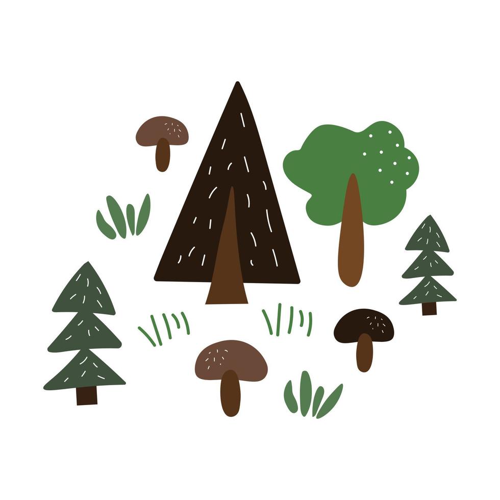 Kerstmis bomen en champignons met gras. zomer Woud illustratie. vector