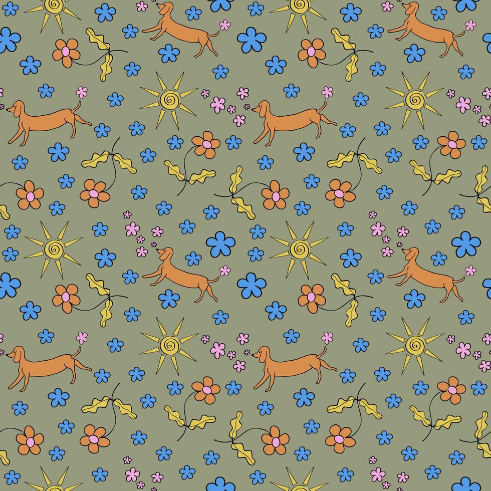 schattig naadloos herhalen patroon met bloemen en een hond Aan een groen bruin achtergrond, grappig motief. hand- getrokken voor textiel, omhulsel papier en verpakking ontwerp.vector vector