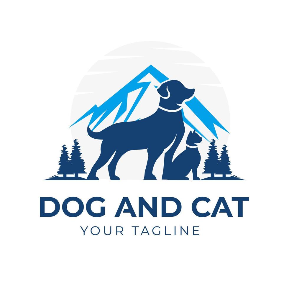 vector illustratie van huisdier hond en kat en landschap achtergrond van bergen, meren, pijnboom bomen, cipressen. kan worden gebruikt net zo een huisdier winkel