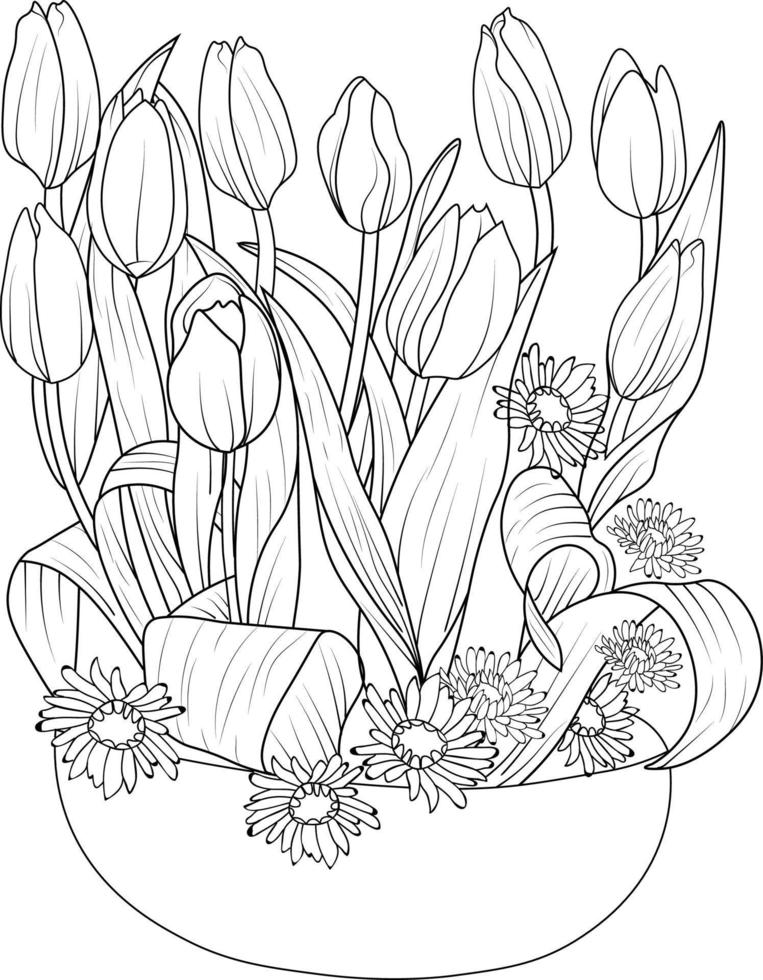 tulp bloem boeket van vector schetsen hand- getrokken illustratie, natuurlijk verzameling Afdeling van bladeren knop vaas schets tekening gegraveerd inkt kunst geïsoleerd Aan wit achtergrond