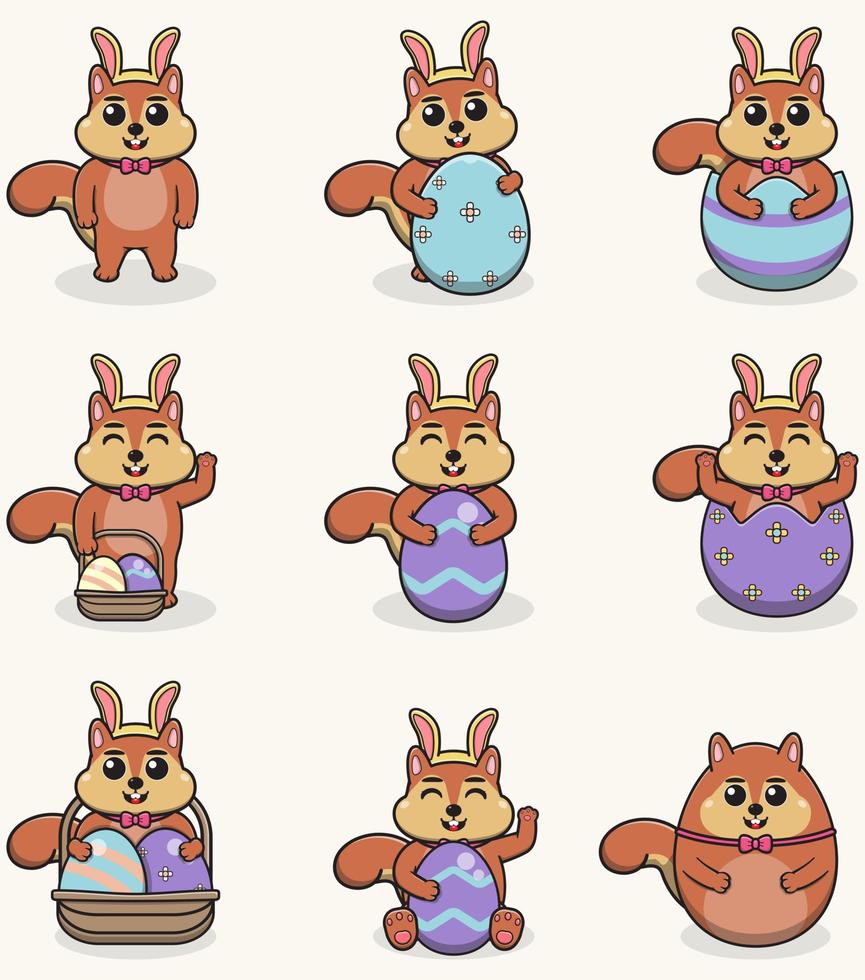 eekhoorn gelukkig Pasen. schattig eekhoorn Aan de Pasen thema in tekenfilm. vector illustratie. geïsoleerd Aan wit achtergrond. Pasen vakantie vector set.