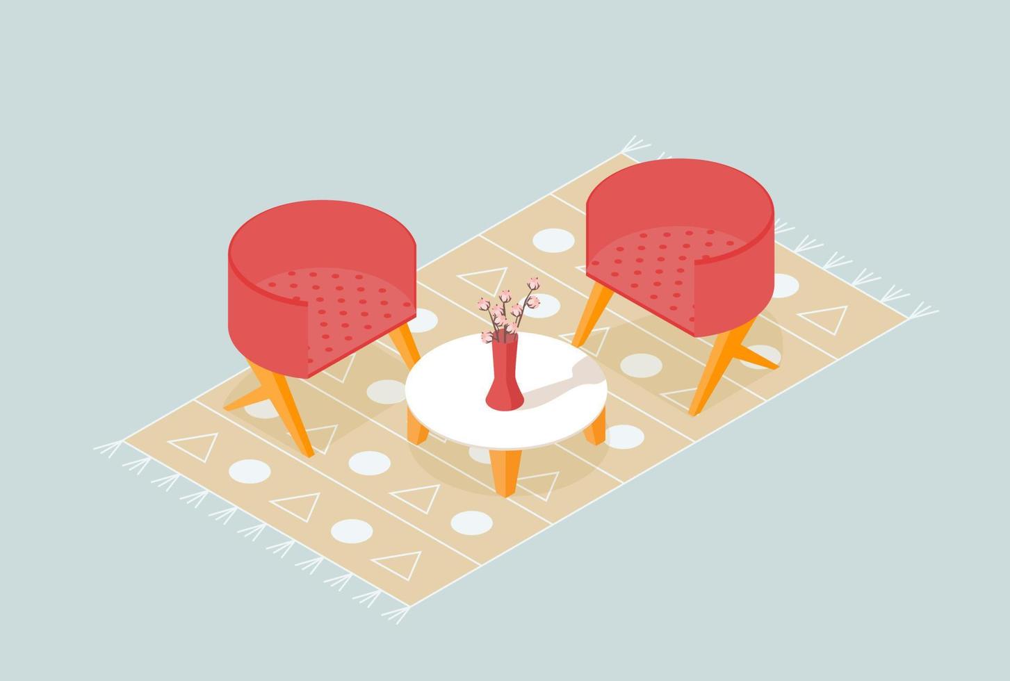 isometrische leven kamer hoek met stoelen, tafel, bloemen in vaas en tapijt. geïsoleerd vector illustratie. interieur concept.
