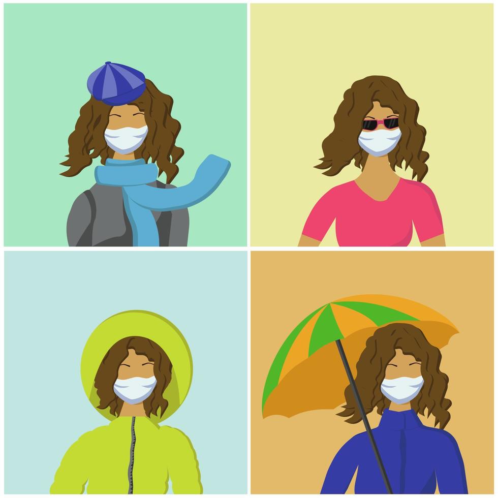 meisjes in beschermend medisch maskers, een nieuw realiteit in vier seizoenen, mensen in seizoensgebonden kleren vector