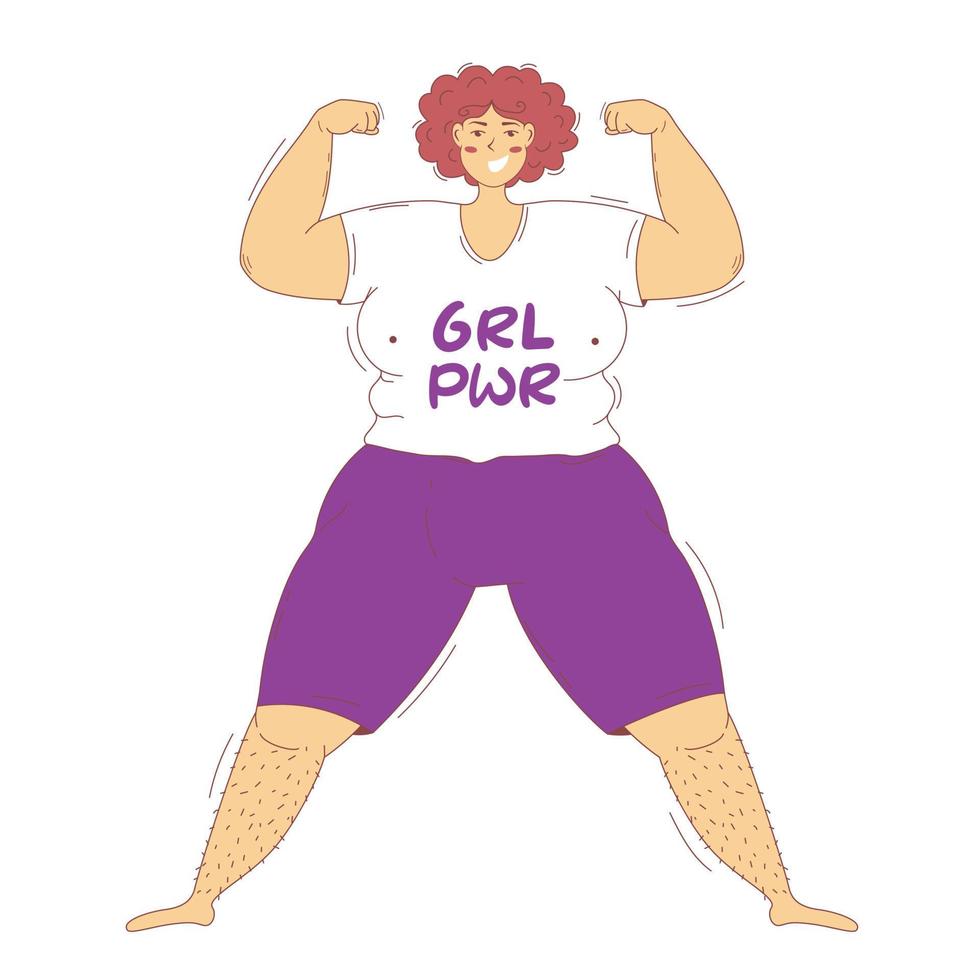 gelukkig plus grootte te zwaar vrouw tonen biceps in een t-shirt met de opschrift meisjes macht vector