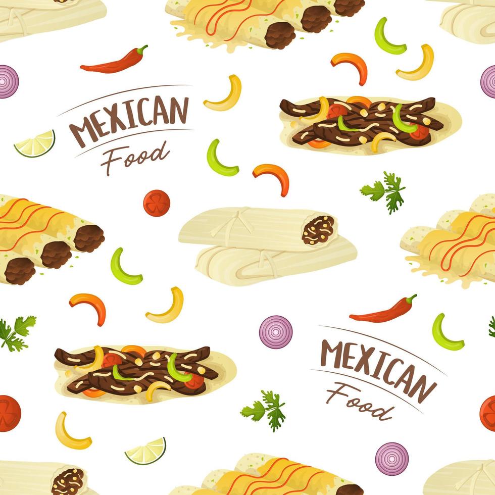 naadloos patroon met Mexicaans voedsel fajita, tamale, enchilada en klok peper plakjes. snel voedsel restaurant en straat voedsel hapjes, vlees tortilla's, meenemen voedsel levering vector