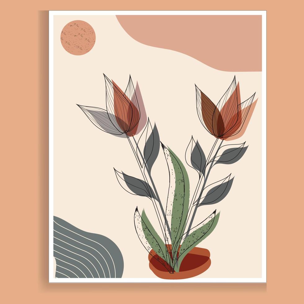 botanisch muur kunst vector. aardetint boho gebladerte lijn kunst tekening met abstract vormen. abstract fabriek kunst ontwerp voor afdrukken, omslag, behang, en minimaal en natuurlijk muur kunst. vector