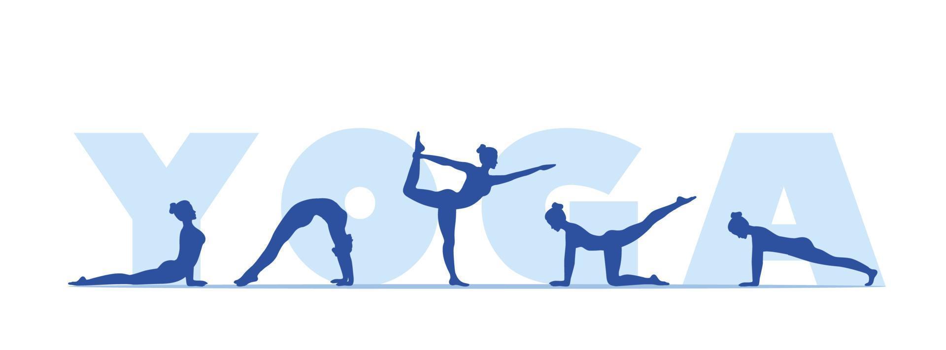 Internationale yoga dag. yoga lichaam houding. yoga poseert. welzijn opleiding in vlak vector illustratie.