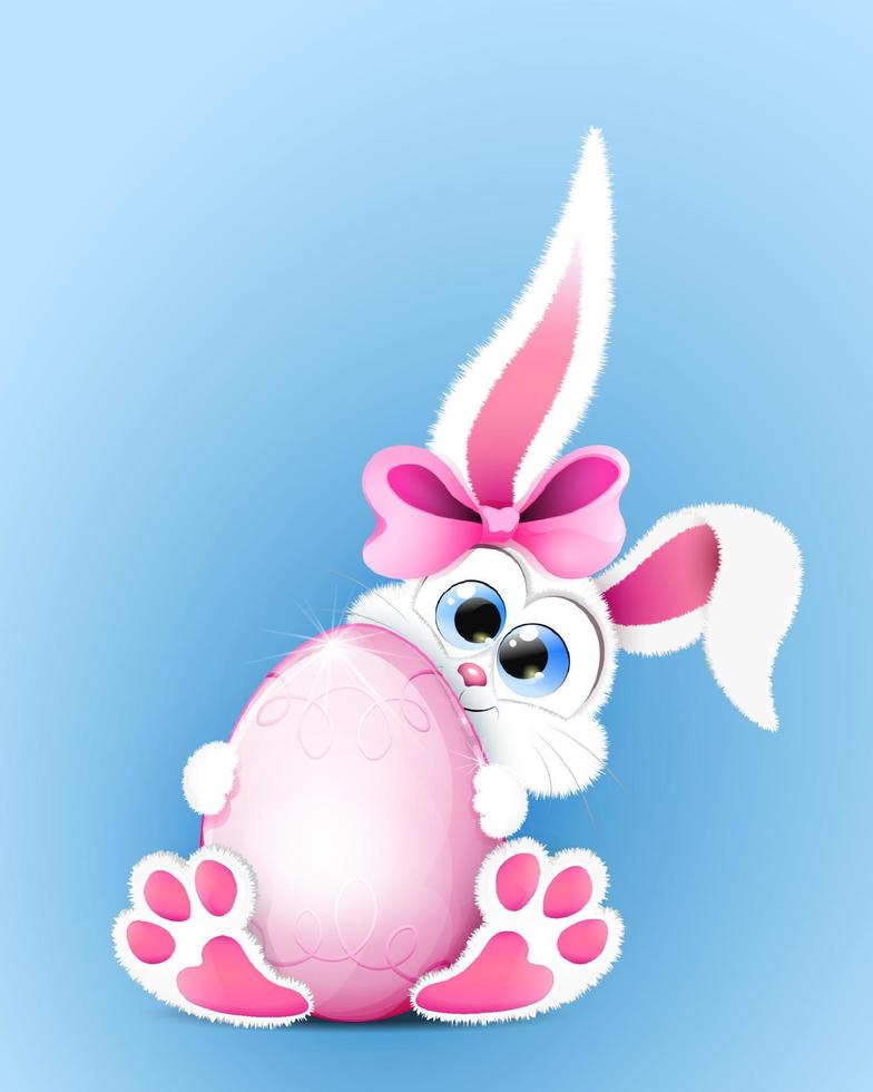 schattig Pasen konijn meisje met boog Holding roze gekleurde ei versierd met ornament vector