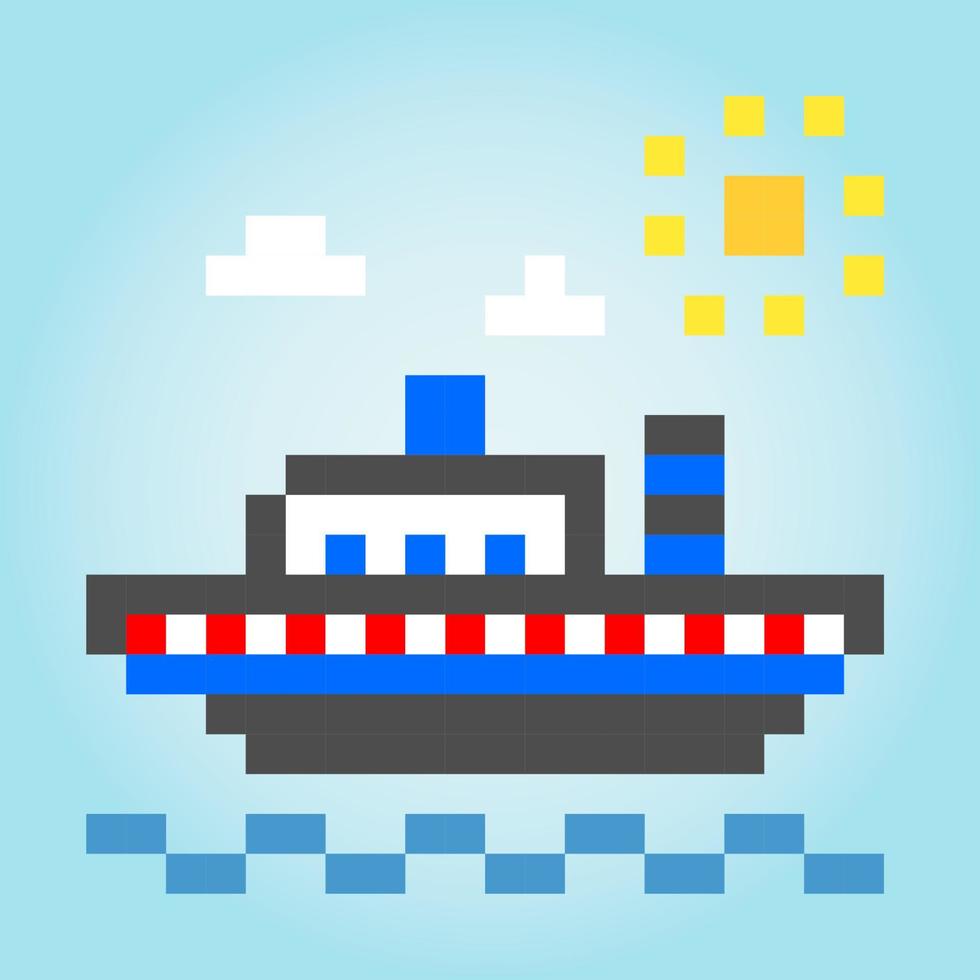 8-bits pixel van een schip, voor game-items en kruissteekpatroon, in vectorillustratie vector