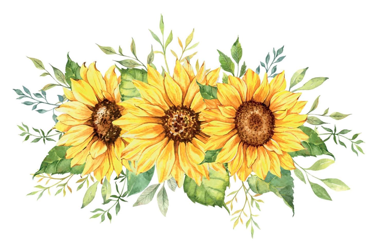 waterverf zonnebloemen boeket, hand- geschilderd zonnebloem boeketten met groen, zonnebloem bloem regeling. bruiloft uitnodiging clip art elementen. waterverf bloemen. botanisch tekening. wit achtergrond. vector