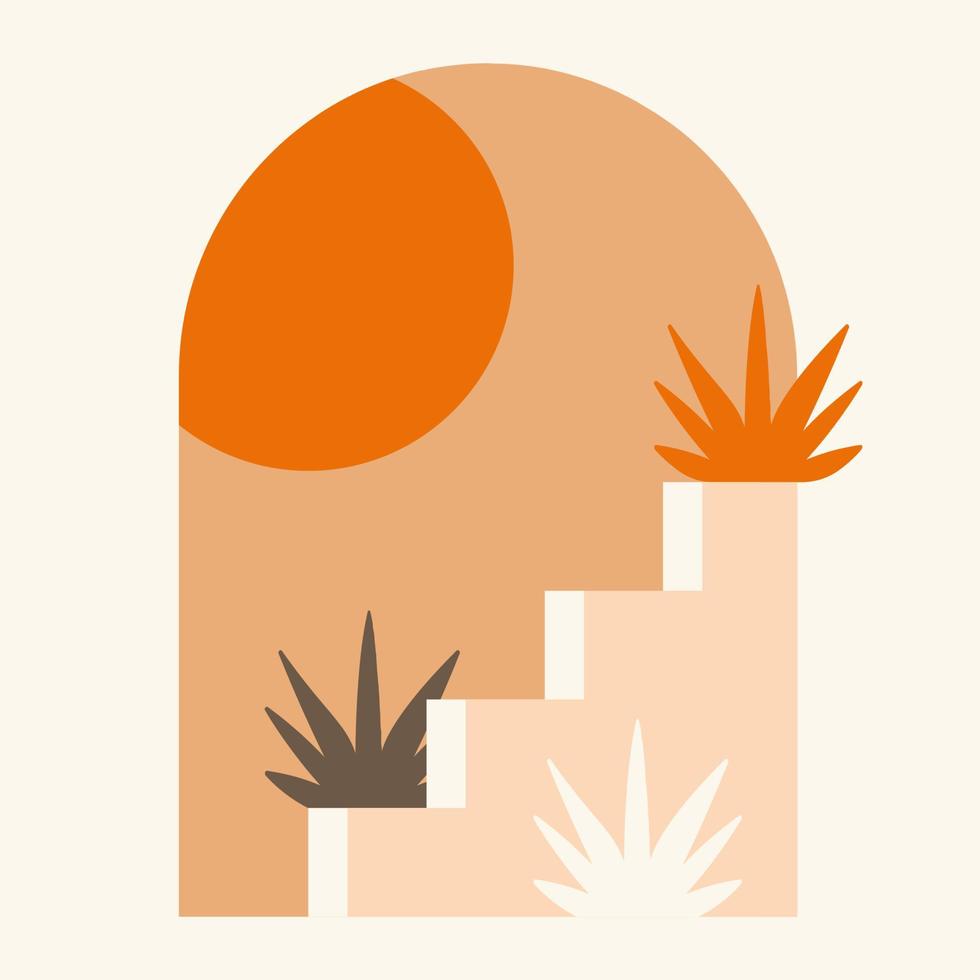 zonsondergang in boog met planten, architectuur poster illustratie. modern esthetisch kunst. Boheems stijl artistiek ontwerp voor muur decoratie vector