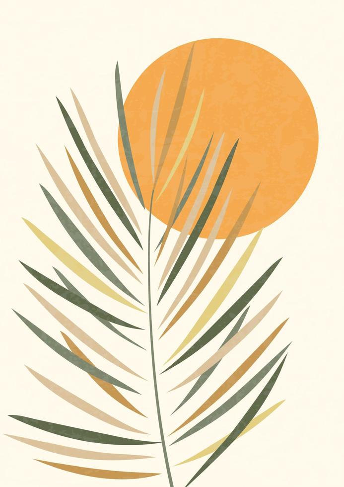 minimalistisch illustratie met palm blad en zon. modern stijl muur decor. verzameling van hedendaags artistiek posters voor afdrukken, logotype vector