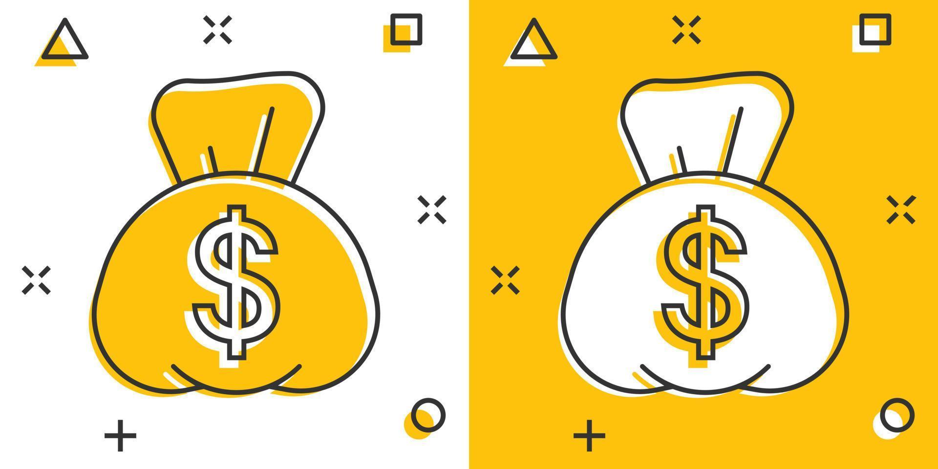 geld zak icoon in grappig stijl. geldtas met dollar tekenfilm vector illustratie Aan wit geïsoleerd achtergrond. contant geld zak plons effect bedrijf concept.