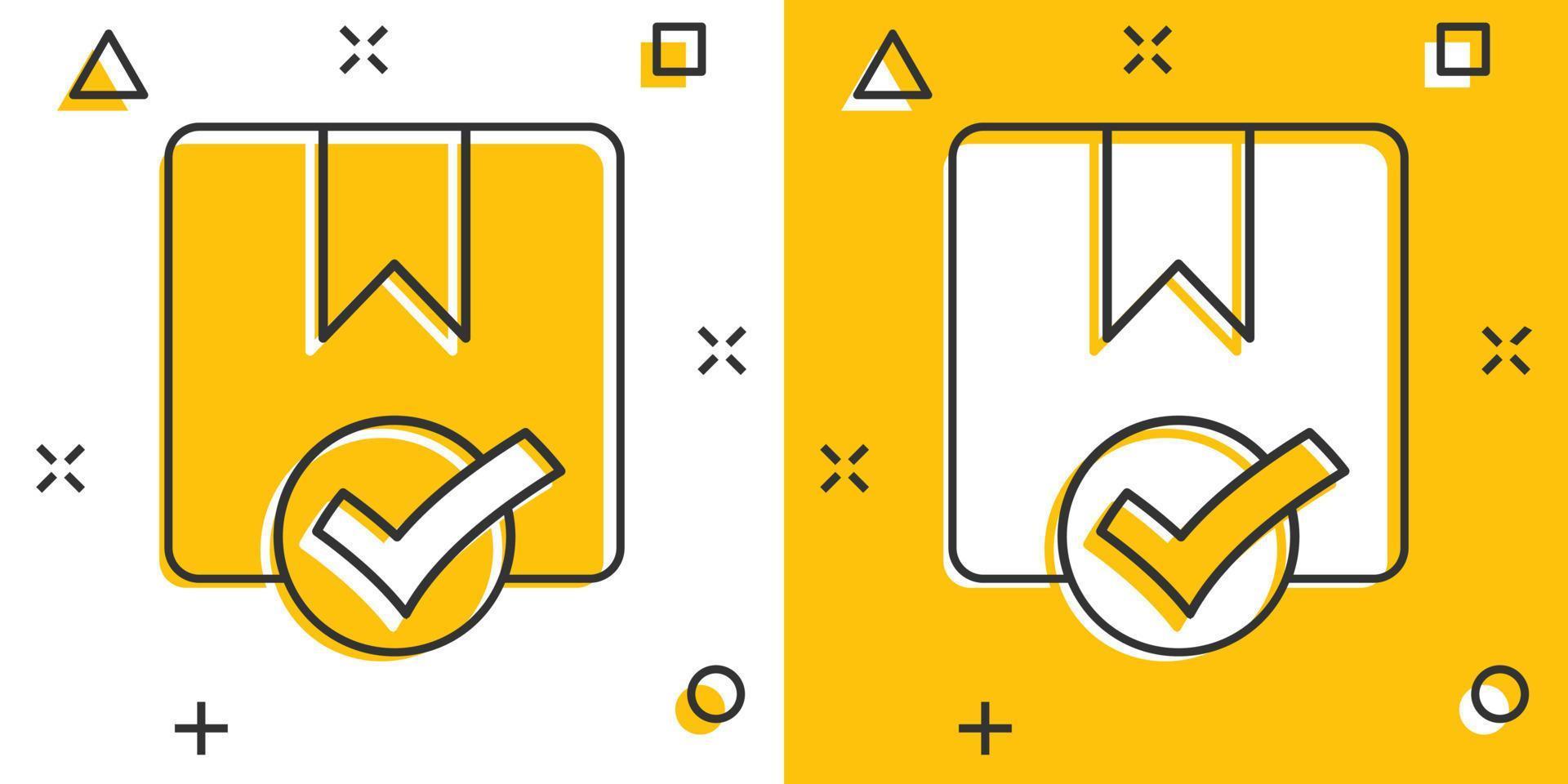 Verzending doos controleren icoon in grappig stijl. houder goedkeuren tekenfilm vector illustratie Aan wit geïsoleerd achtergrond. karton pakket plons effect bedrijf concept.