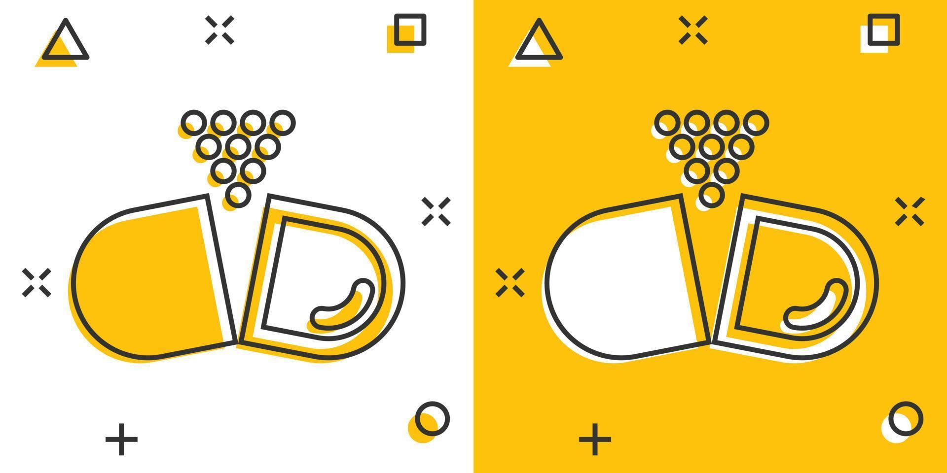 vitamine pil Notitie icoon in grappig stijl. capsule tekenfilm vector illustratie Aan wit geïsoleerd achtergrond. antibiotica plons effect teken bedrijf concept.