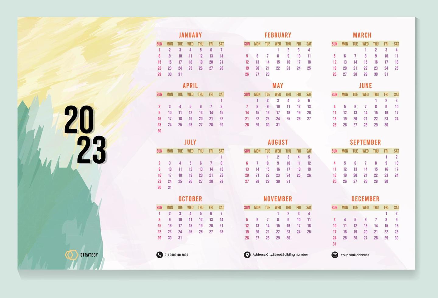 bureau kalender 2023 of maandelijks en wekelijks schema nieuw jaar kalender ontwerp sjabloon vector