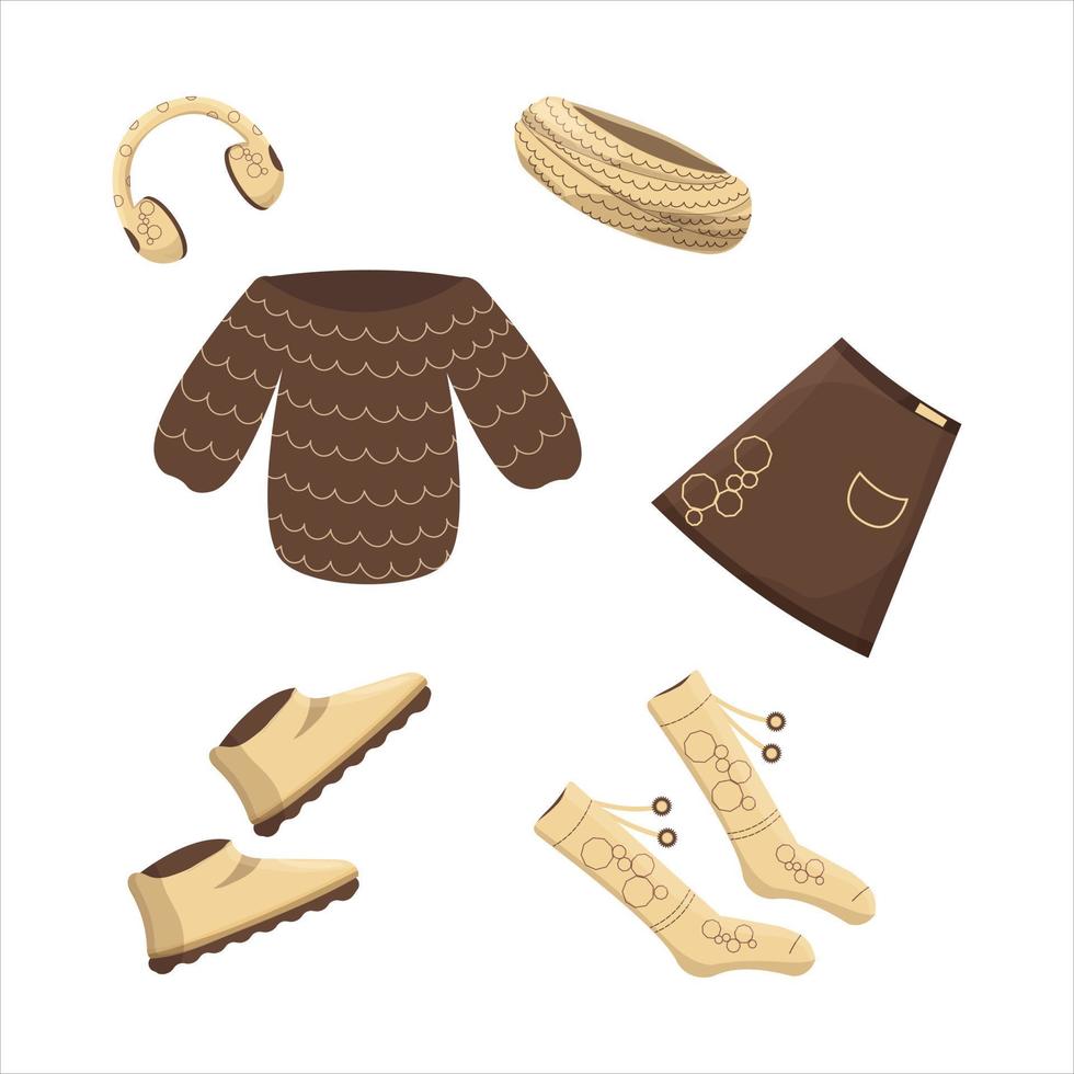 Dames kleren reeks winter en herfst. vector illustratie. beige, bruin kleuren. vlak stijl.