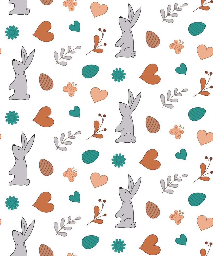 naadloos patroon eieren, konijn, bloemen, takjes, vlinders, harten. pastel vector illustratie.