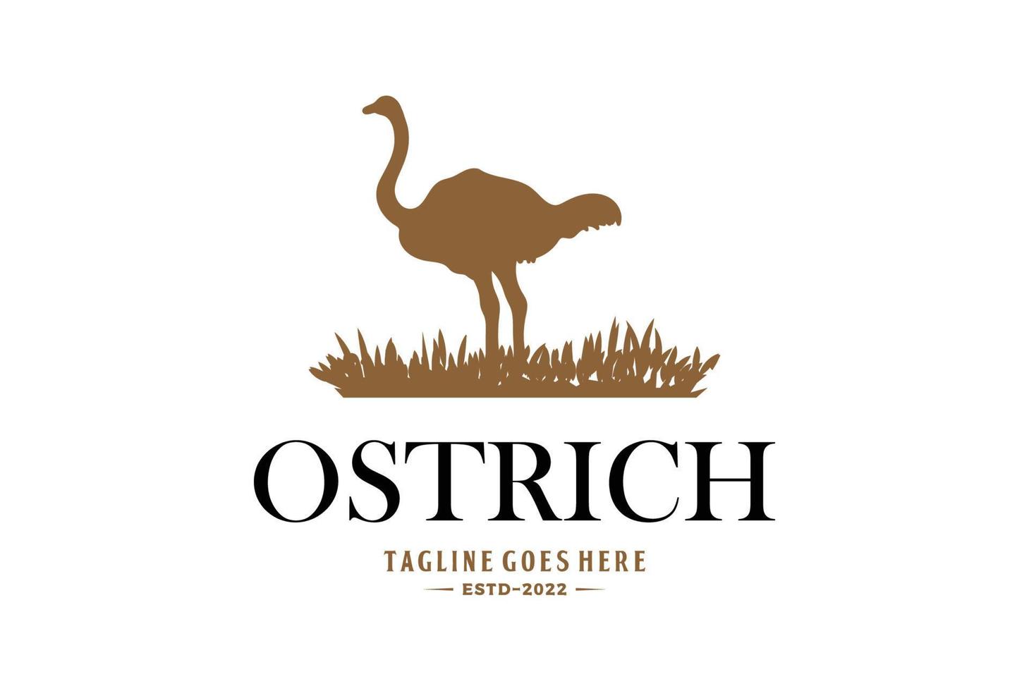 wijnoogst retro struisvogel silhouet met grasland logo ontwerp vector