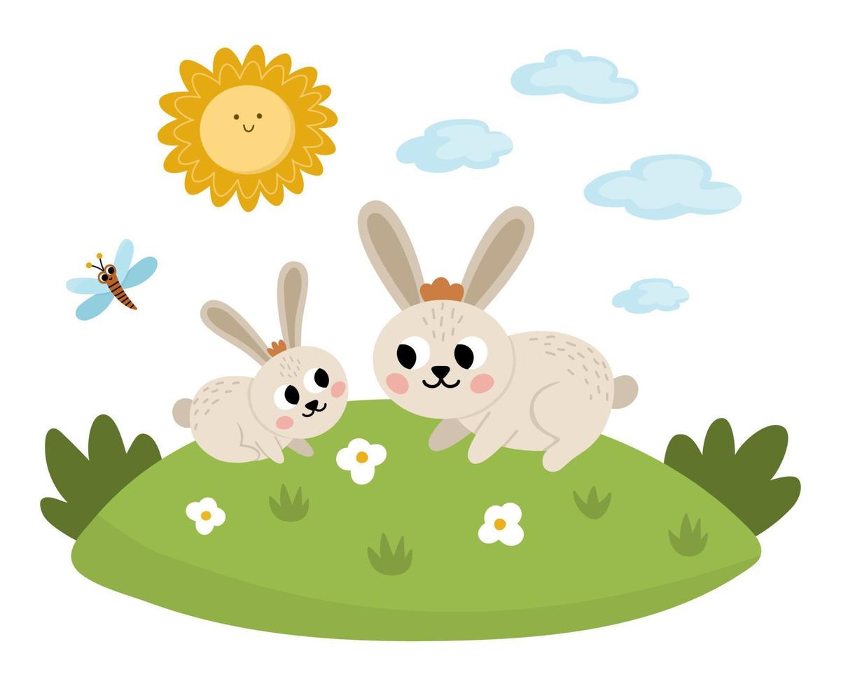 vector konijn met baby Aan een gazon onder de zon. schattig tekenfilm familie tafereel illustratie voor kinderen. boerderij dieren Aan natuurlijk achtergrond. kleurrijk vlak moeder en baby afbeelding voor kinderen