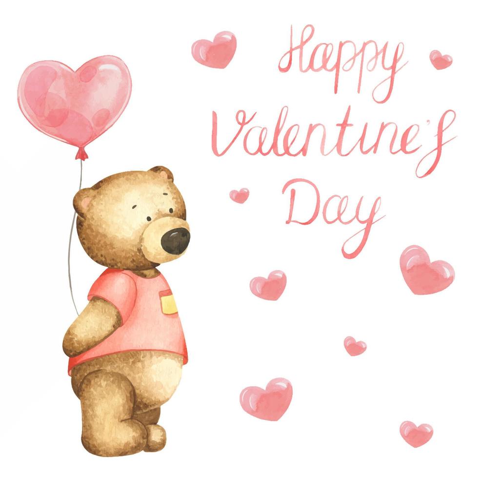 waterverf teddy beer met rood hart lucht ballon. kaart voor Valentijnsdag dag. waterverf ansichtkaart voor Valentijnsdag dag. gelukkig Valentijnsdag dag vector