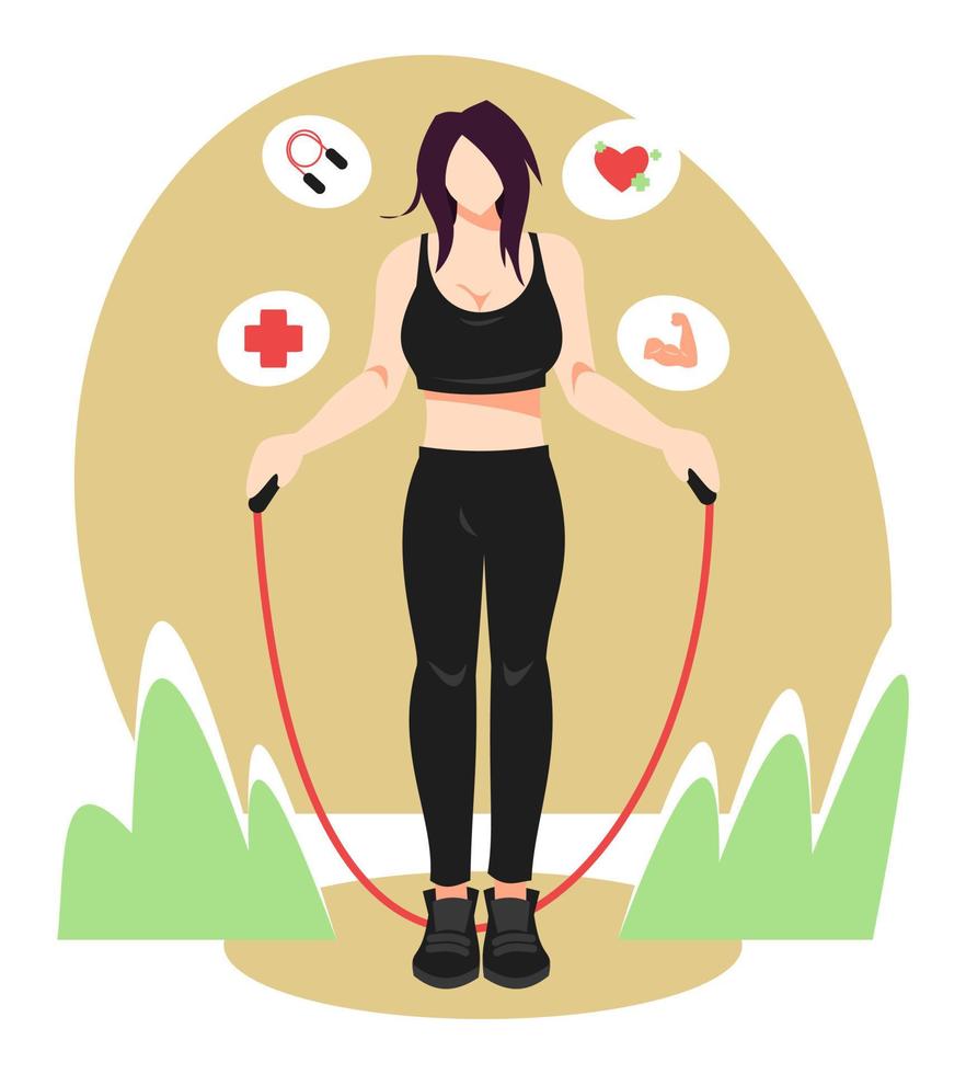 illustratie van mooi meisje aan het doen springen touw. omvat springen touw icoon, hart en Gezondheid icoon, spier icoon. sport, fitheid, schoonheid, enz. thema concepten. vlak vector