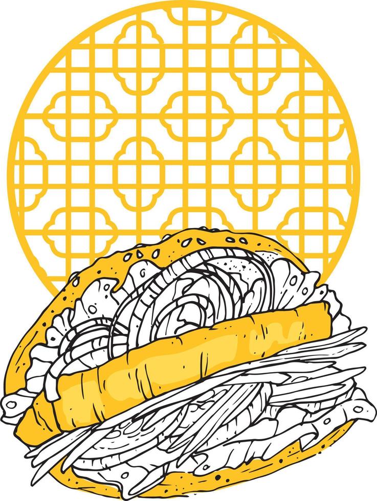 bao broodjes met tofu, komkommer, ui, wortel en sla bladeren Aan een sesam bun vector