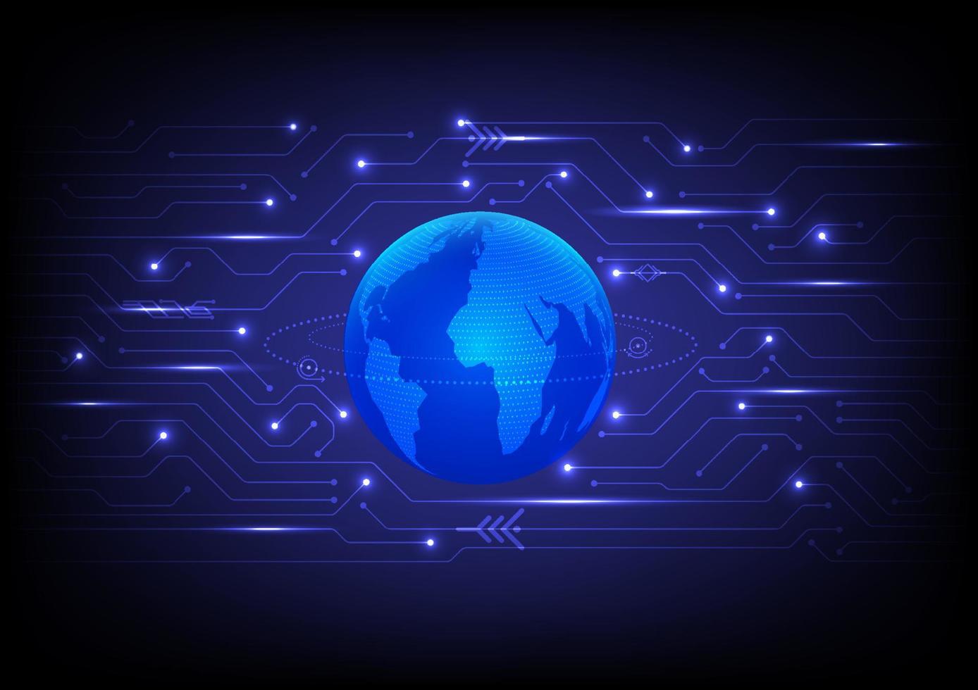 abstract achtergrond blauw helder wereldbol technologie heeft een kaart Aan de oppervlakte lus punt ring en elektronisch stroomkring patronen dat gloed hieronder en divers elementen Aan een blauw helling achtergrond vector